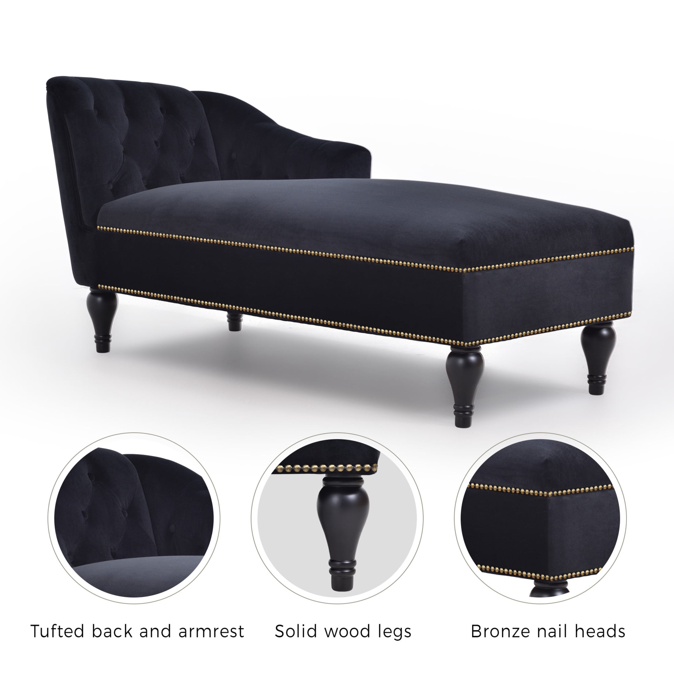 Noble House 58" Right-Arm Facing Velvet Chaise Lounge with Button Tufting and Nailhead Trim, Sleeper Lounge Sofa, Black
