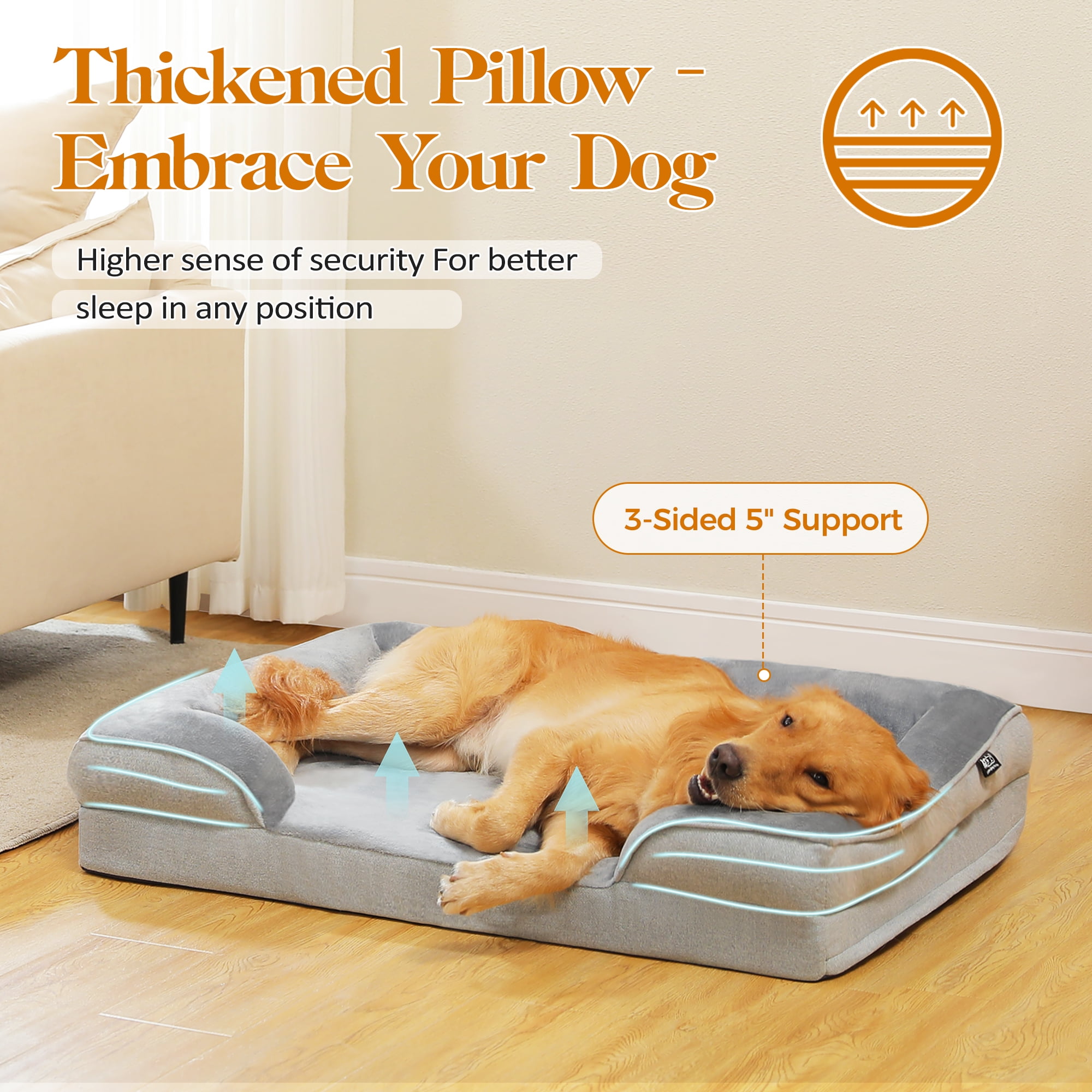 PAWZ Road Orthopedic Dog Bed Removable Washable Cover Non-Slip Bottom Dog Sofa Bed, S-XL, Gray