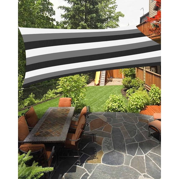 Outdoor Sun Shade Sail 8'x10', Grey Black White Striped Patio Beach Shade Canopy Cloth Waterproof, Farmhouse Stripes TearResistant & UV Protection Sun Sail for Backyard Garden Deck