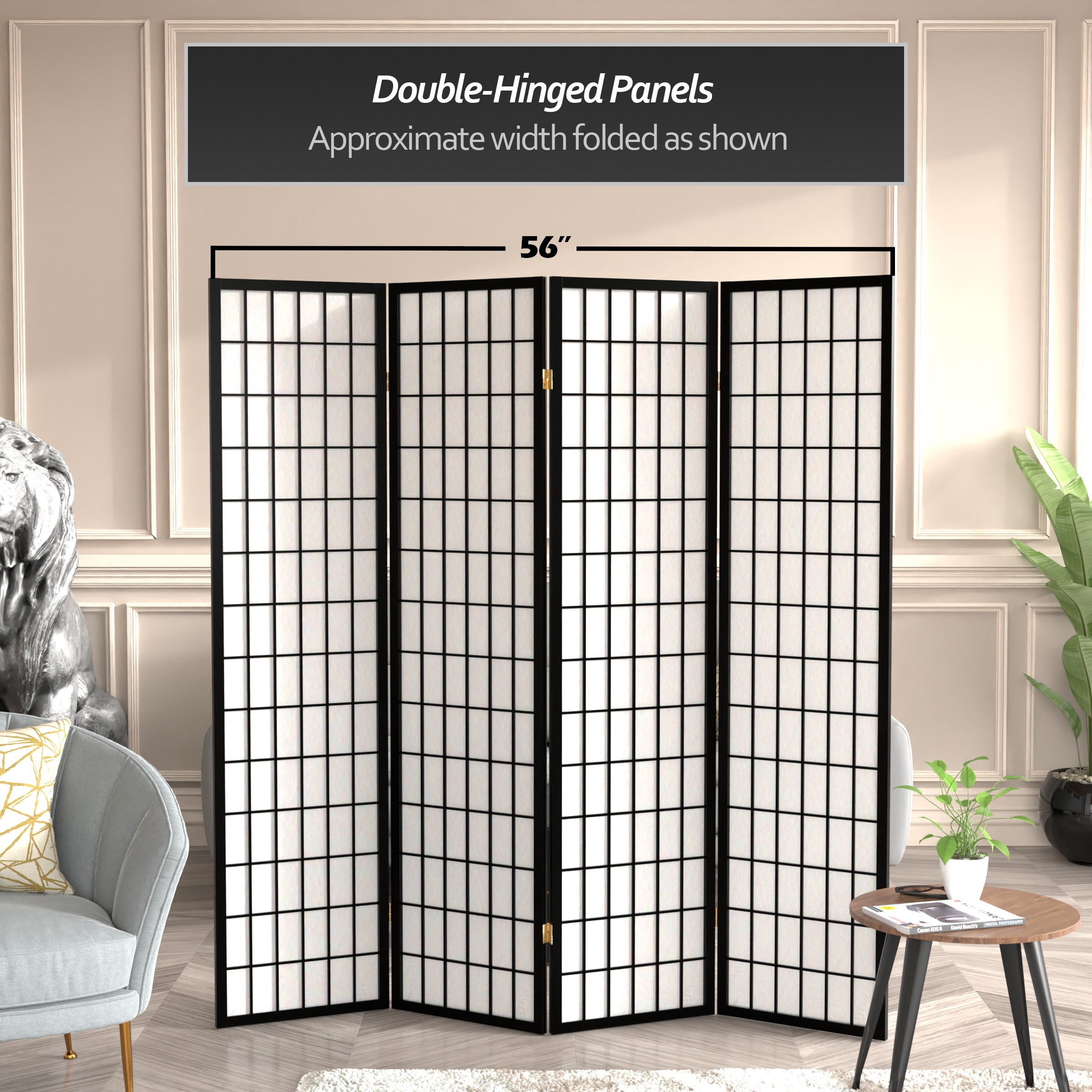 6 ft. Tall Window Pane Shoji Screen - Black - 4 Panels