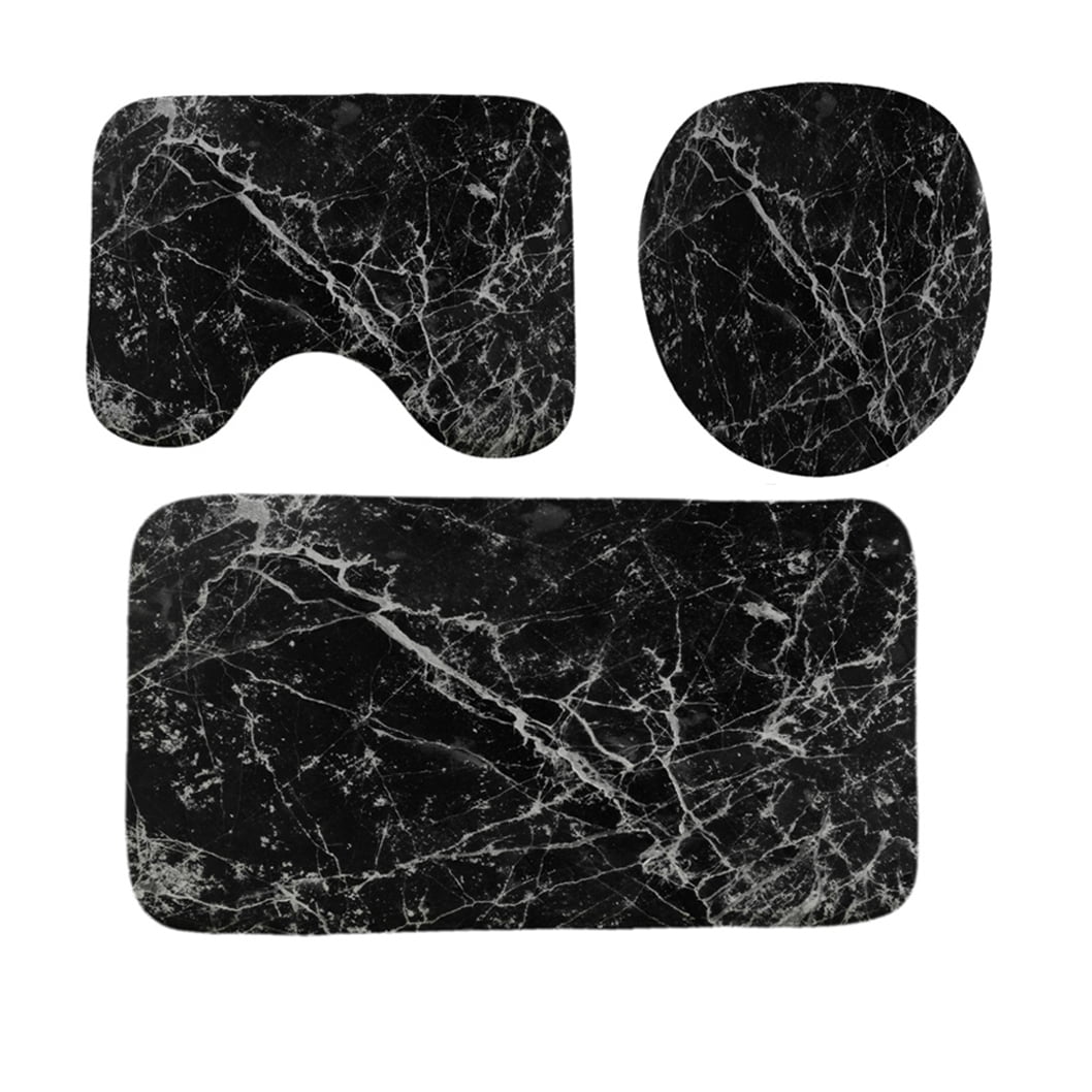 3 Pcs Set Bathroom Rugs Toilet Mats Black Gray Marbling Pattern Soft Absorbent Non-Slip Backing Mat Memory Foam Rug