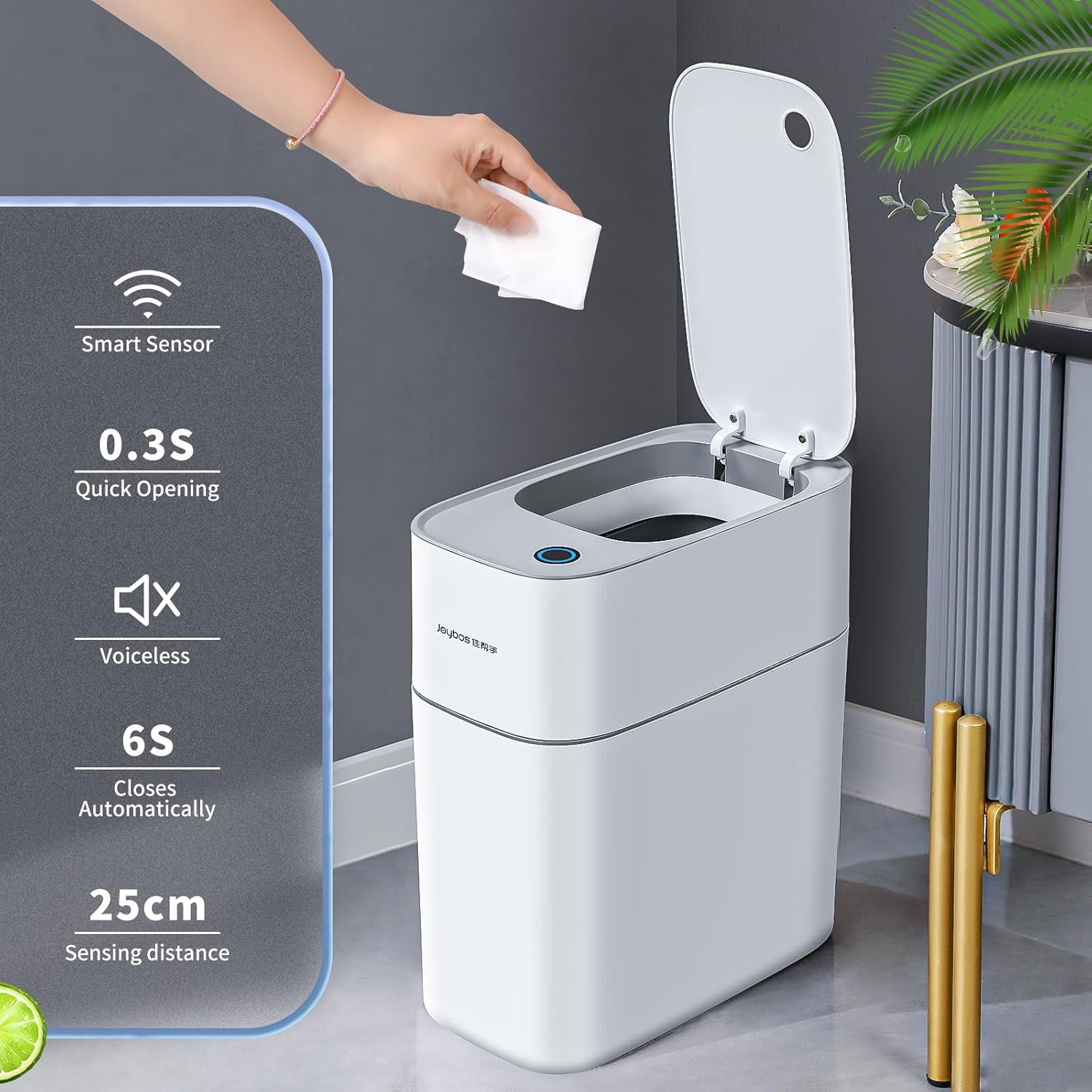 Joybos Automatic Touchless Motion Sensor Trash Can 3.8 Gallon Slim Design Waterproof Wastebasket Plastic Trash Can For Bathroom, Bedroom, Kitchen, Office,Living Room