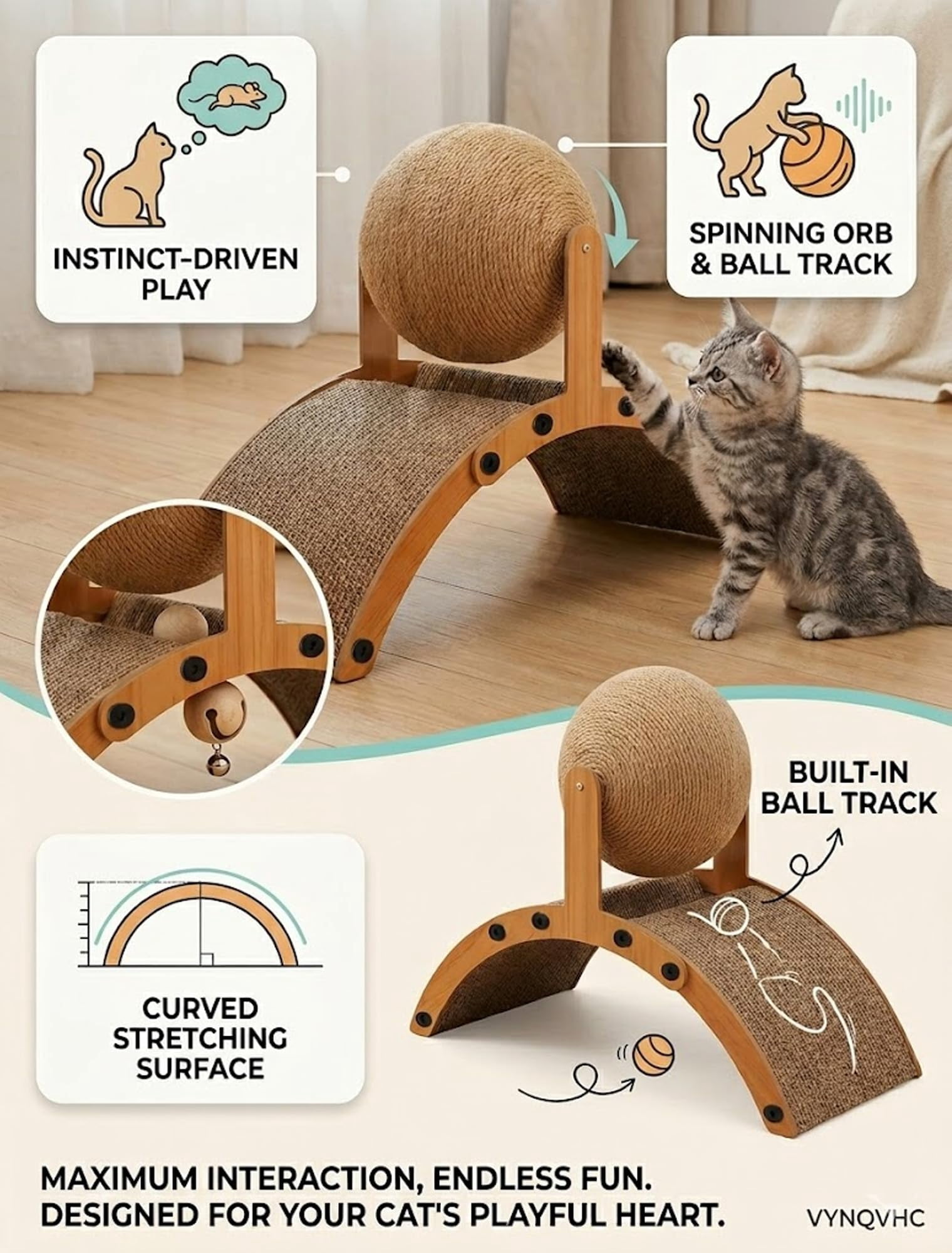 Cat Scratching Ball on Stand 2-in-1 Wood Cat Scratcher with Interactive Arch Bridge and Spinning Scratching Orb Indoor Cats Scratch Pad Furniture Protector