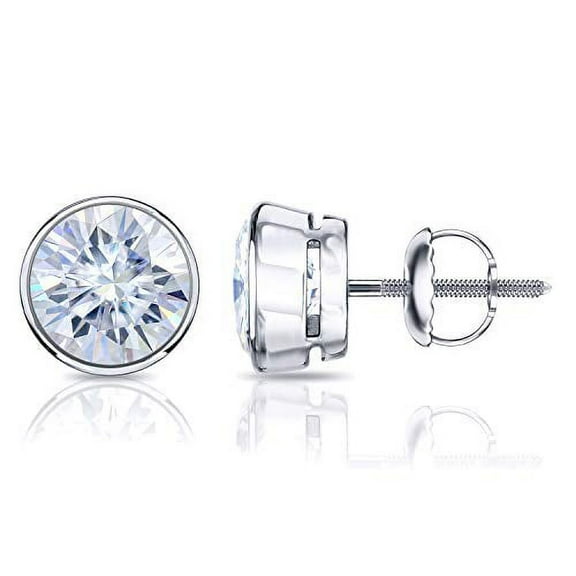 18k White Gold Round Moissanite Stud Earrings (1ct TGW, 5mm, G-H) Bezel-set, Screw-Back by Diamond Wish