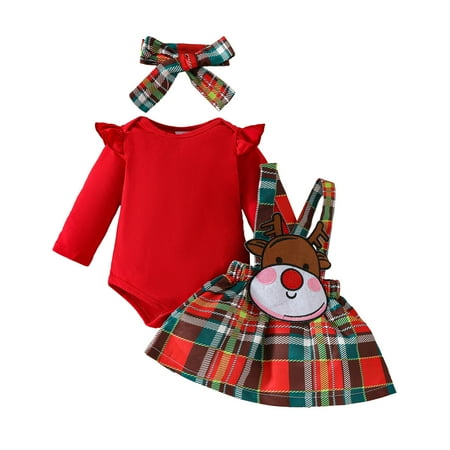 

Girls Outfits Girls Christmas Long Sleeve Cartoon Romper Bodysuit Deer Suspender Plaid Skirts Outfits Baby Girls Clothing Sets (Red 9M 6-9 Months)