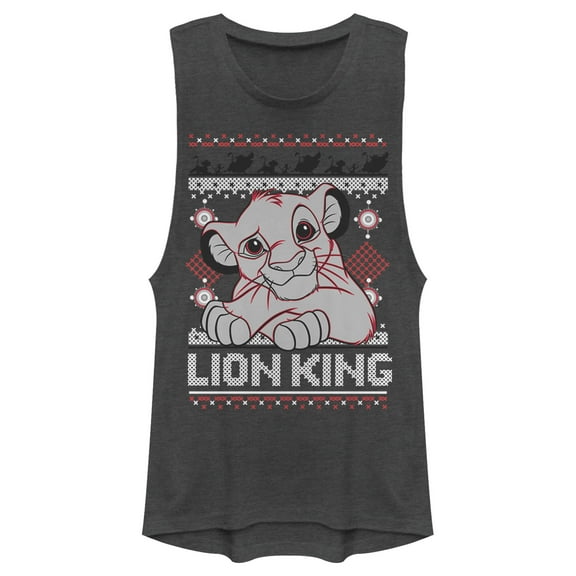 Junior's Lion King Ugly Christmas Simba  Festival Muscle Graphic Tee Charcoal Medium