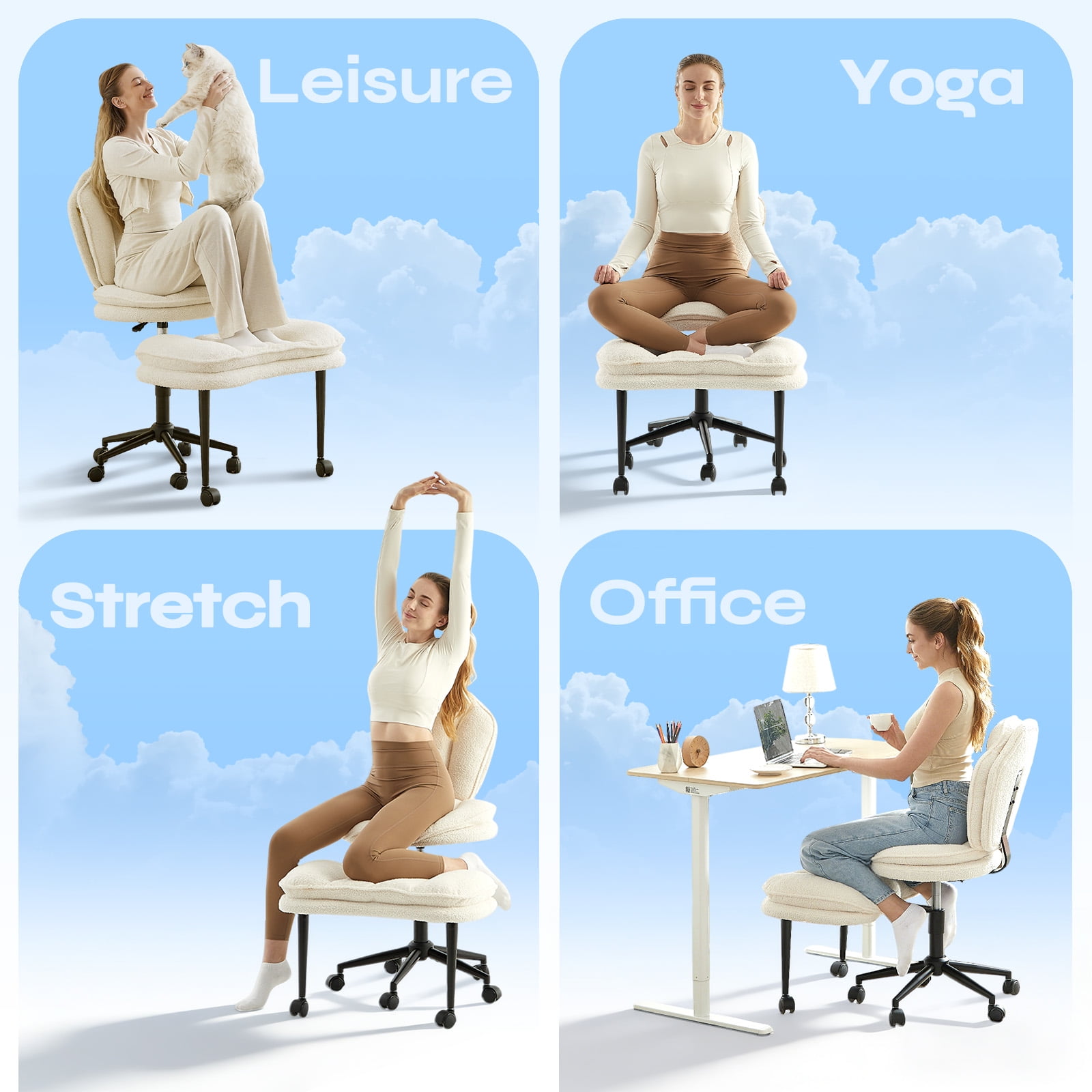 Pinmoco Cross Legged Office Chair, White Boucle Ergonomic Criss Cross Swivel Desk Chair, Heavy Duty Wide Seat for Meditation & ADHD, Armless
