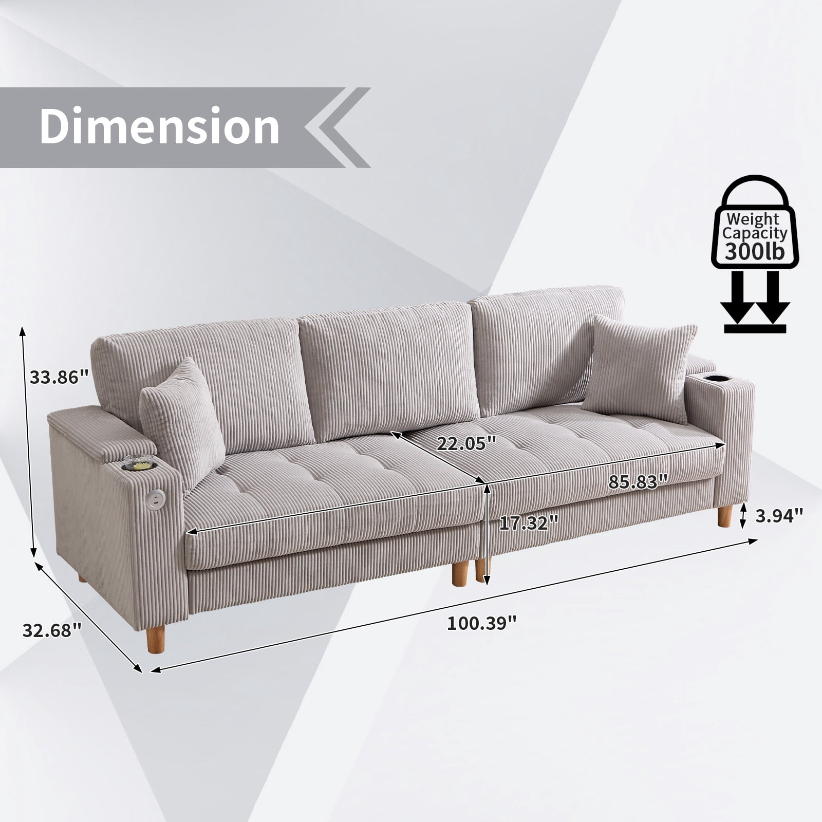 Bonzy Home 100 inch Modern Corduroy 3-Seater Sofa, Oversized Comfy Couch with USB Charging Port, Hidden Storage, Overstuffed Backrest & Throw Pillows, Gray