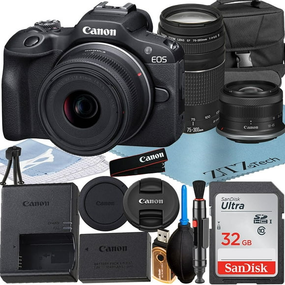 Canon EOS R100 Mirrorless Camera with RF-S 18-45mm + EF 75-300mm Lens + SanDisk 32GB Memory Card + Case + ZeeTech Accessory Bundle