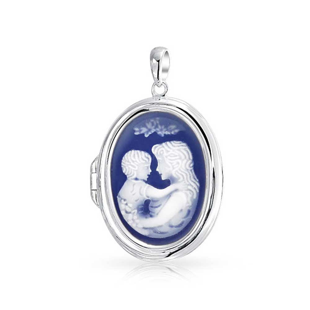 Bling Jewelry Blue Resin Cameo Mother Child Locket Pendant Sterling Silver Necklace 18 Inches by Bling Jewelry
