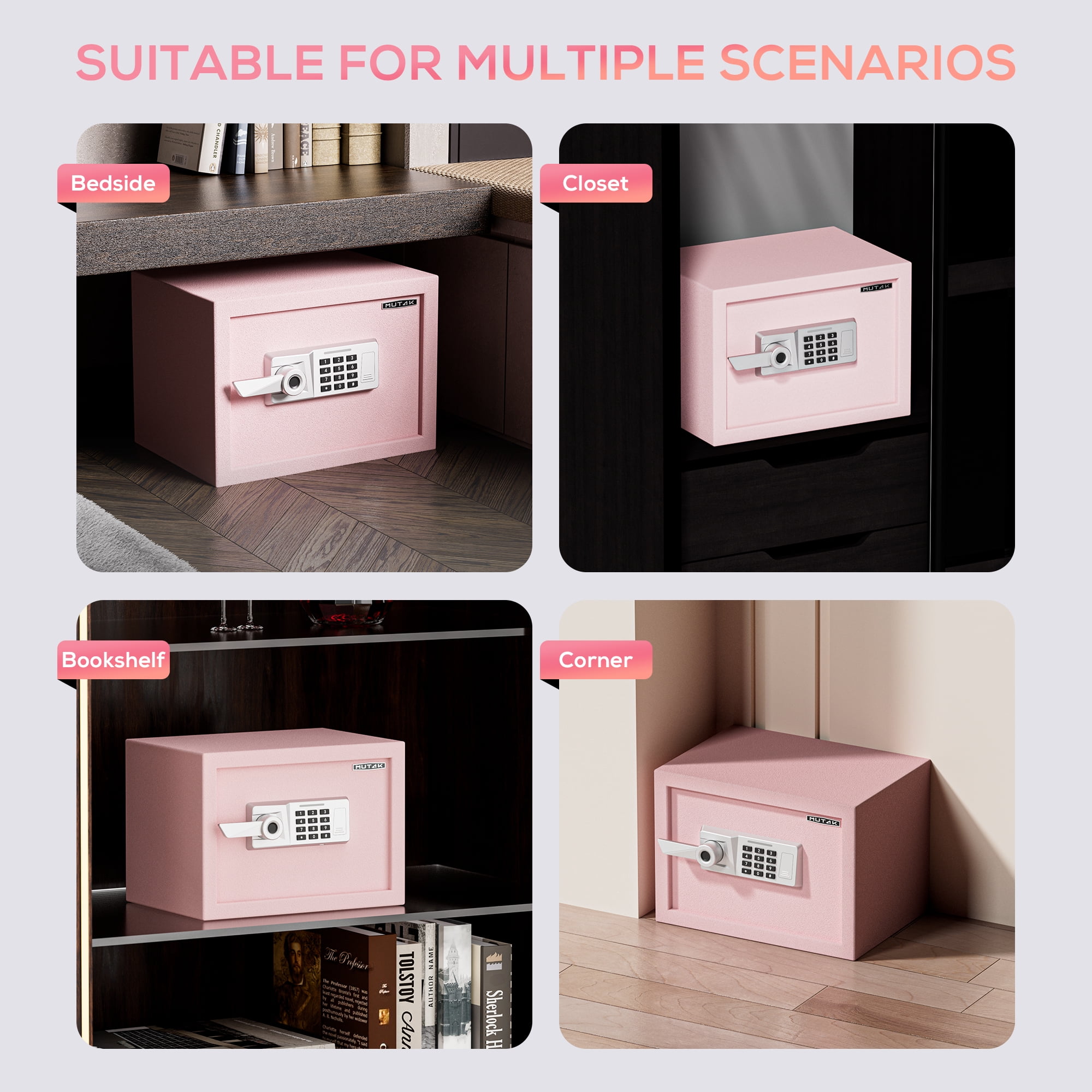 Safe Box,MUTAK 1.0 Cuft Biometric Safe Lock Box with Fingerprint,Code and Keys Access, Heavy Duty Security Money Safe Lock Cabinet with Fireproof Document Bag, Pink