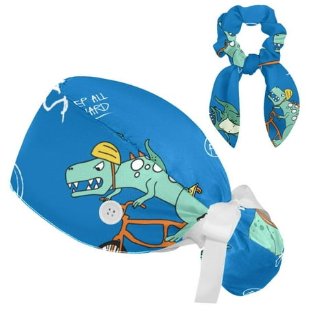 

Working Cap with Buttons and Sweatband Scrub Hat Bouffant Caps with Scrunchie Dinosaur Tie Back Hats