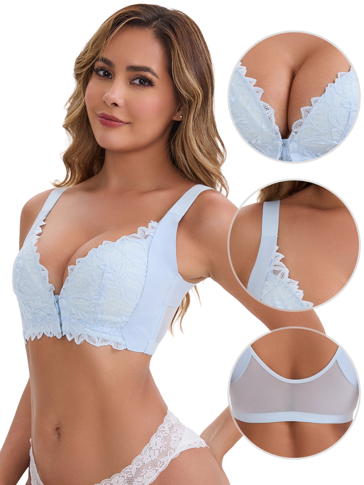 DARING DIVA Women's Deep V Adjustable Straps Underwire Minimizer Push-Up Bra M Blue
