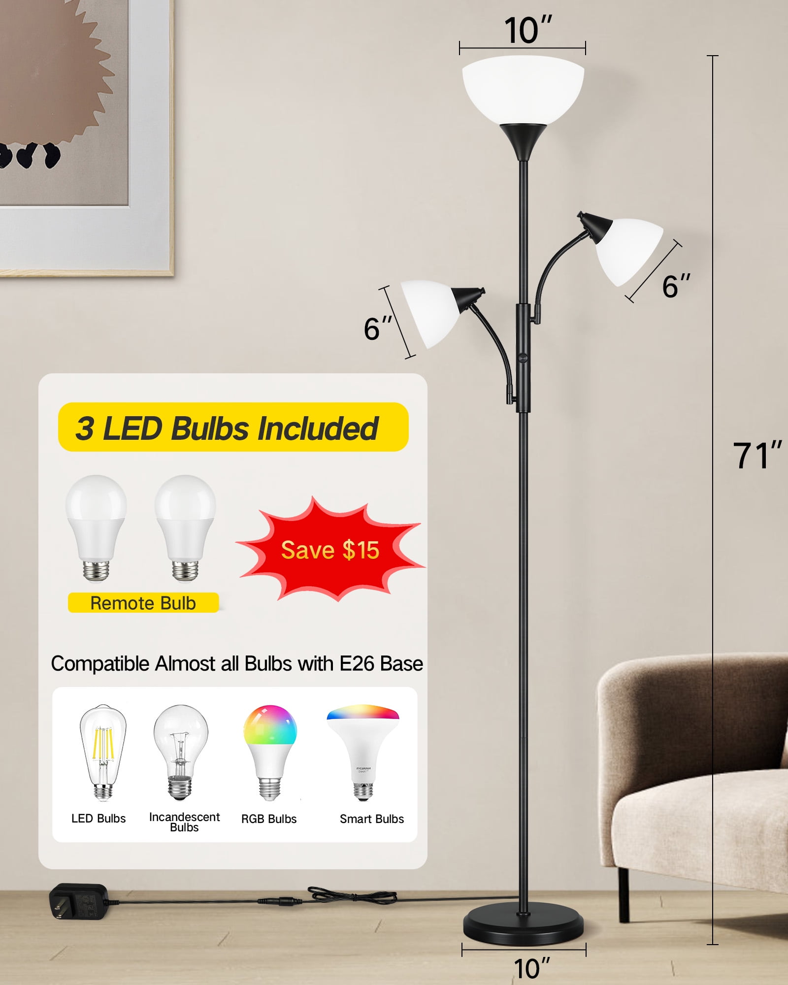 OUTON Torchiere Floor Lamp with Reading Light for Living Room, LED Standing Lampwith Remote Control for Bedroom, Modern Tall Reading Light, Black