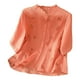 thumbnail image 1 of Camiseta vintage bordada de lino para mujer - Top informal holgado con cuello alto, 1 of 3