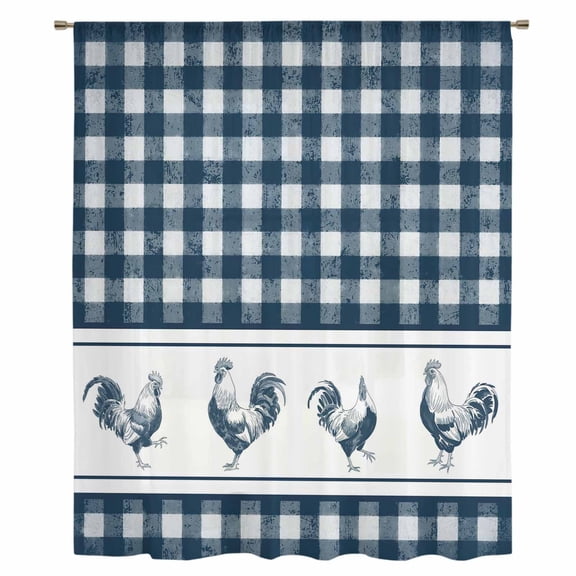 Farmhouse Blue Plaid Sheer Curtains 96 Inches Long, Vintage Country Cock Checkered Light Filering Curtains, Privacy Drapes Simi Floor to Veiling Curtain for Living Room Bedroom Large Window Treatment