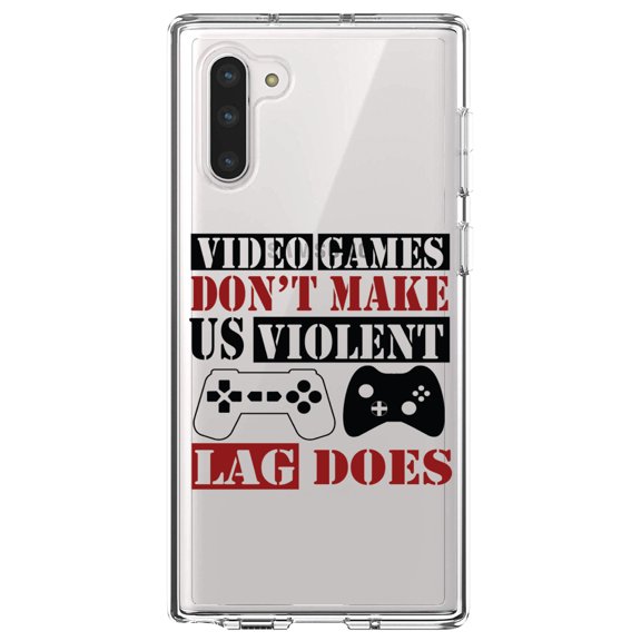 DistinctInk Clear Shockproof Hybrid Case for Samsung Galaxy Note 10 (6.3" Screen) - TPU Bumper Acrylic Back Tempered Glass Screen Protector - Video Games Don't Make Me Violent Lag Does