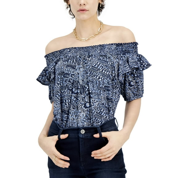 INC International Concepts Off The Shoulder Top Space Dye Indigo L