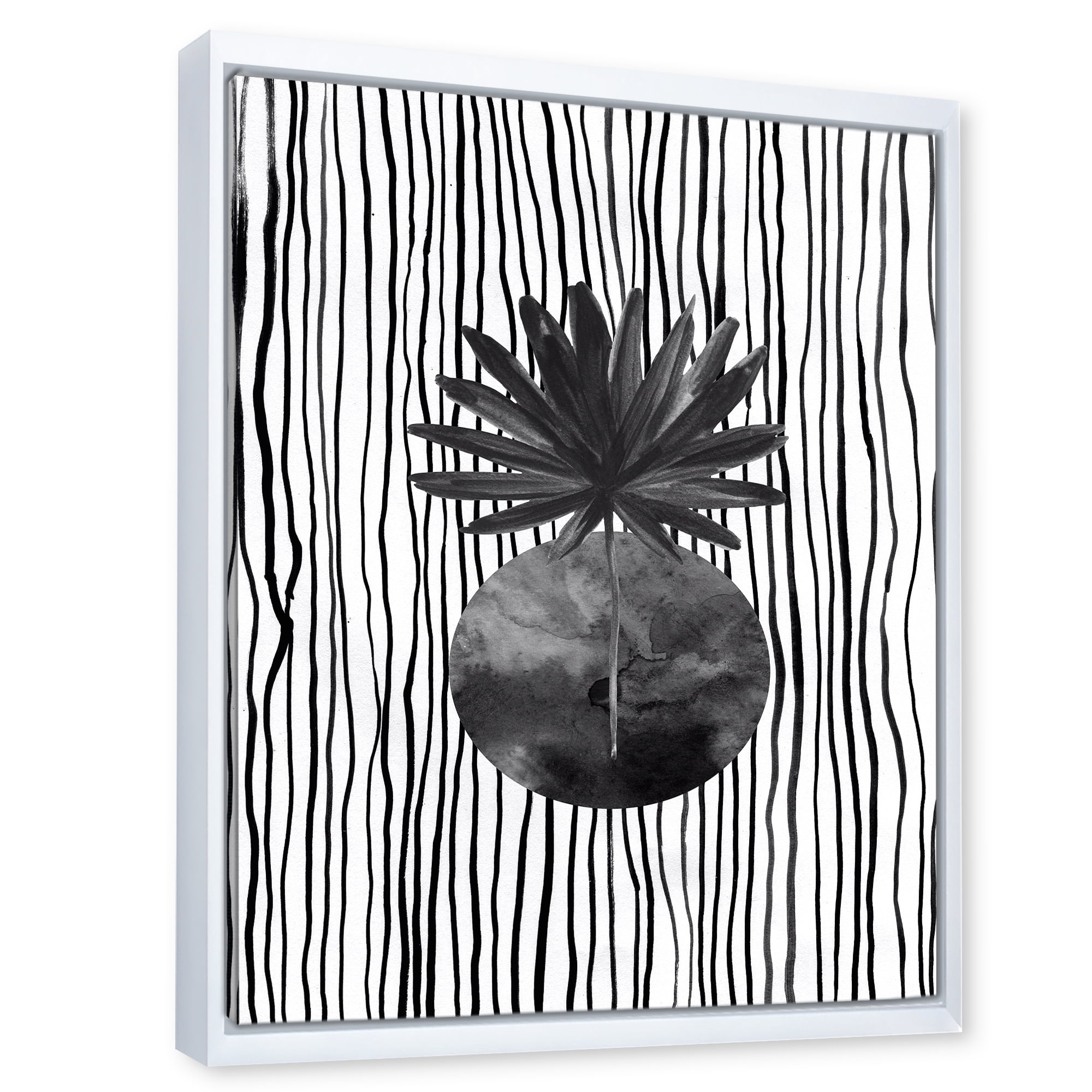Designart 'Black and White Striped Under Tropical Leaf I' Modern Framed Canvas Wall Art Print