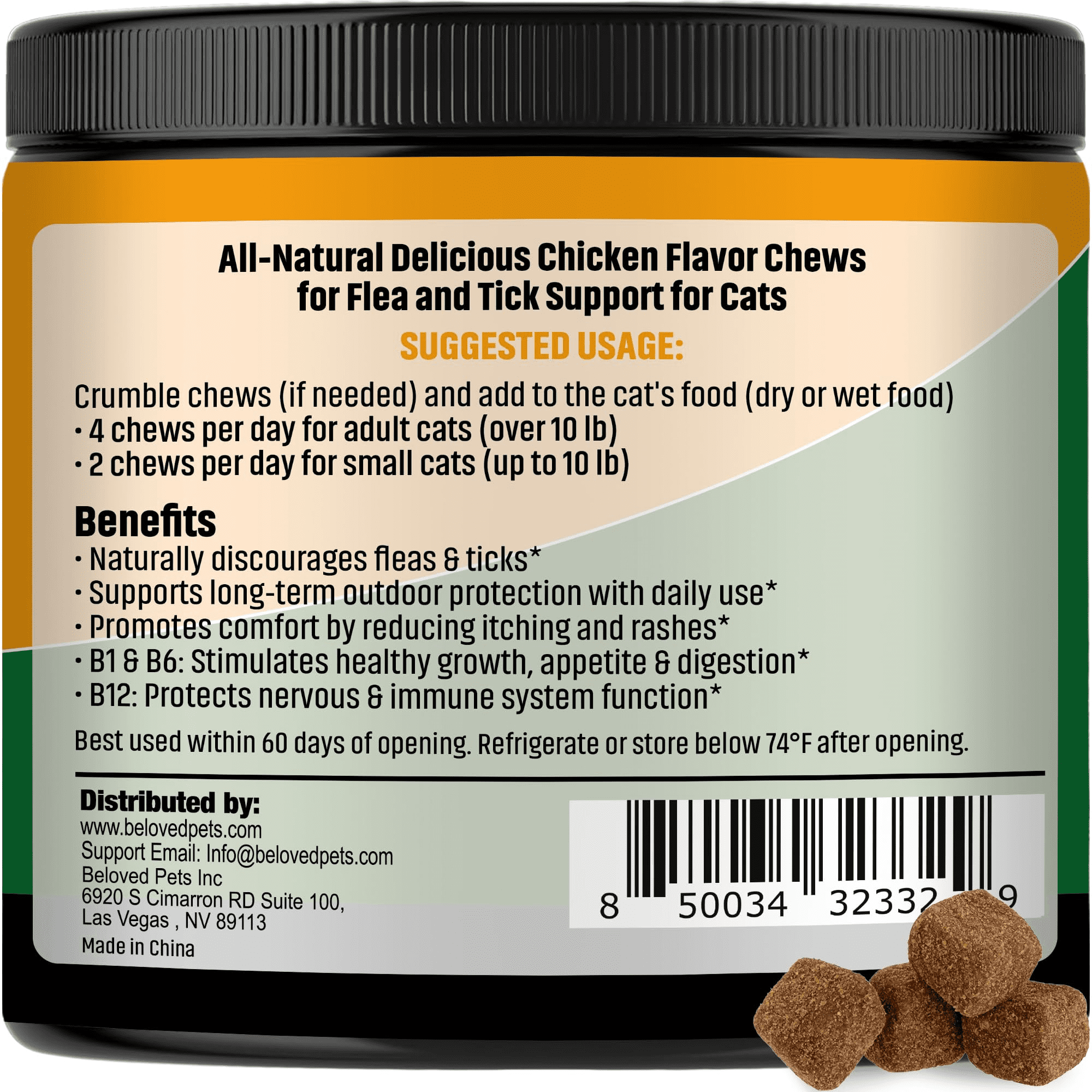 Beloved Pets Natural Flea and Tick Support Chews - Chicken Flavored Healthy Skin & Coat Soft Treats for Cats, 10 oz Jar