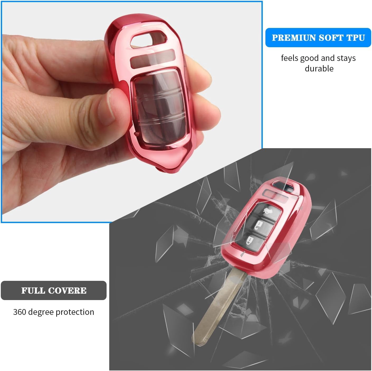for Honda Key Fob Cover with Key Chain, Soft TPU Key Case Shell Full Protection for Sports Accord Civic CR-V HR-V LX, Pink