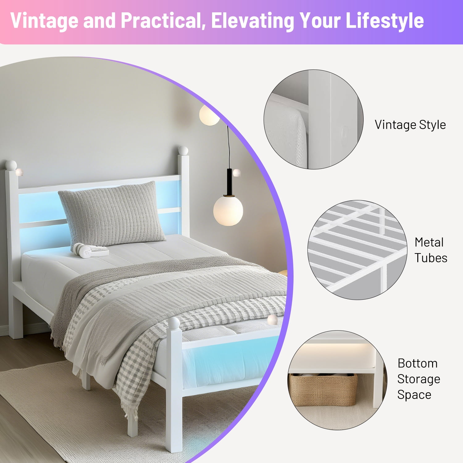 Chuangshuo Guard Twin Size Bed Frame with LED Storage Headboard Shelf , Metal Platform Bed, Noise-Free, White