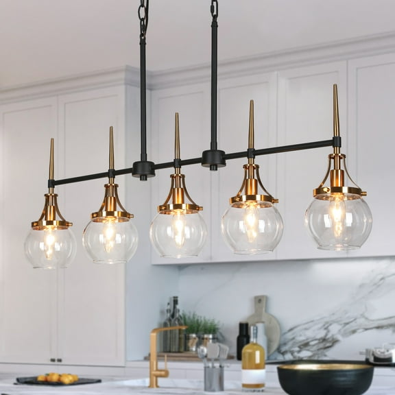 LNC Modern 5-Light Linear Chandelier with Clear Globe Glass Shades, Black and Brass Finish