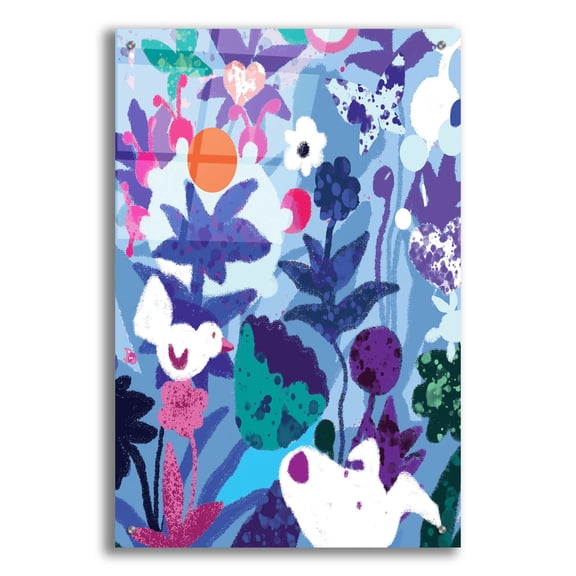 Epic Art 'Blue Floral With Dog And Bird' by Holly McGee, Acrylic Glass Wall Art, 24"x36"