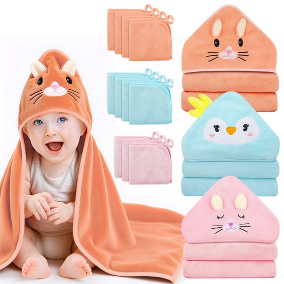 14 PCS Baby Towels, Jaseppor 3 PCS Soft Hooded Baby Towels & 11 PCS Washcloths, Baby Bath Towels for Newborns, Infants & Toddlers, Ultra Absorbent, Cute Baby Towel Gift for Girls