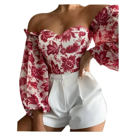 

XFLWAM Womens Off Shoulder Lantern Sleeve Ruffle Corset T-Shirts Floral Printed Bandeau Crop Tops 90s Streetwear Red M