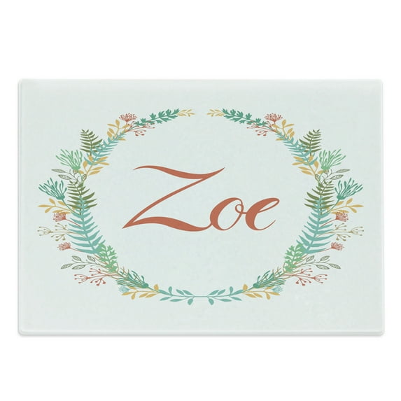 Zoe Cutting Board, Blossoming Nature Design Foliage Leaves Silhouette Girl Name Arrangement Wreath, Decorative Tempered Glass Cutting and Serving Board, Large Size, Multicolor, by Ambesonne