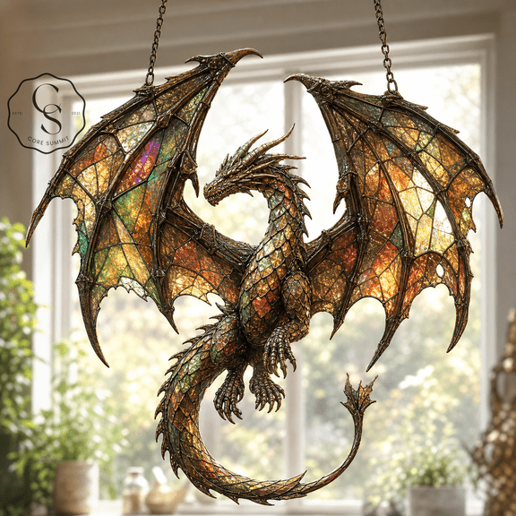 Dragon Suncatcher Ancient Bronze Holographic Window Hanging Ornament for Fantasy Fans