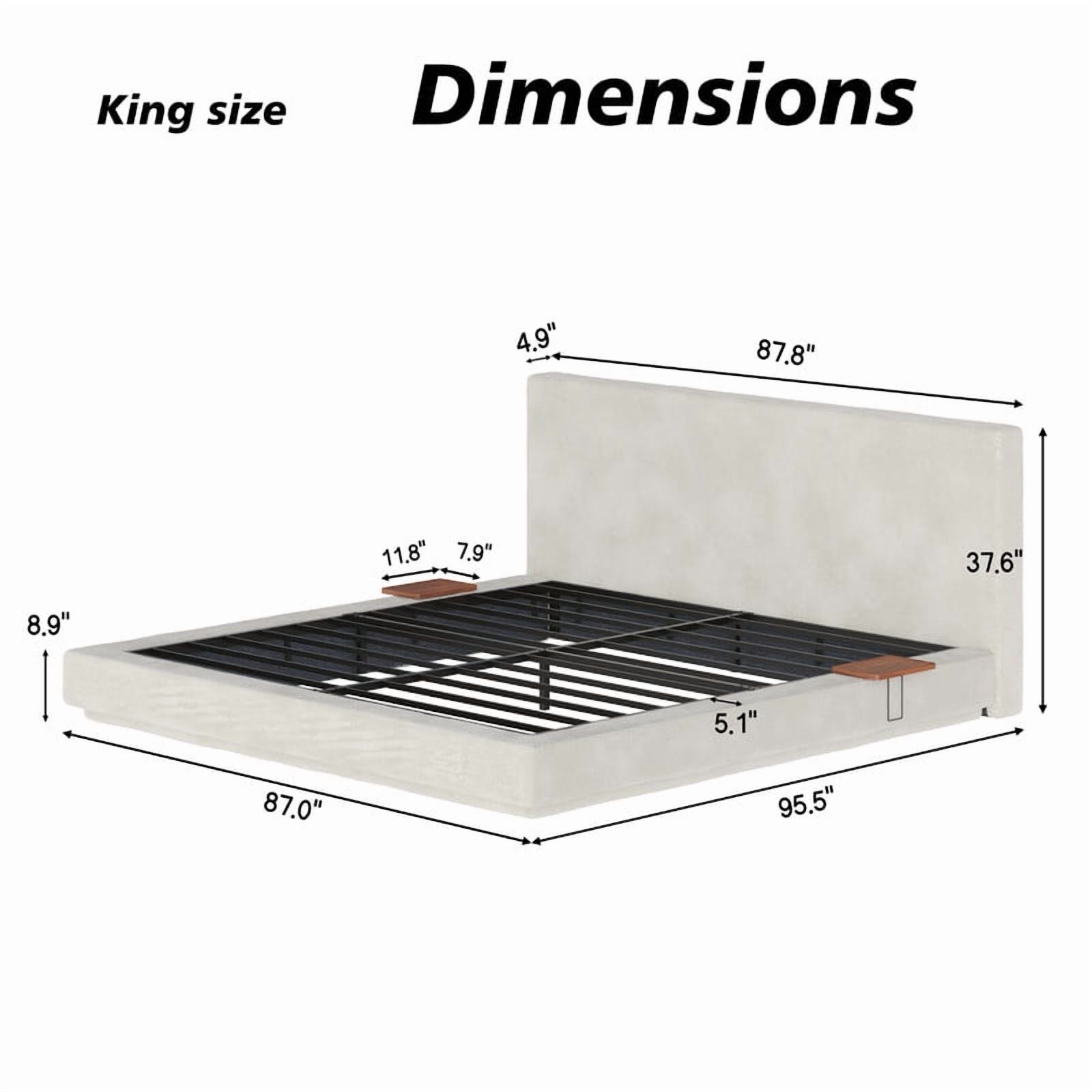 King Size Upholstered Low-Profle Floor Bed with Headboard & Steel Frame, Storage Platform Bed Frame with 2 Sliding Shelves