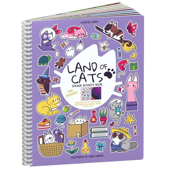 Calcomanía Land Of Cats + Libro Para Colorear (Más De 300 Calcomanías De Gatos Para Niños Y 8 Escenas) De Cupkin - Diseño De Libro De Actividades Lado A Lado - Libros De Calcomanías De Gatos Para Niño