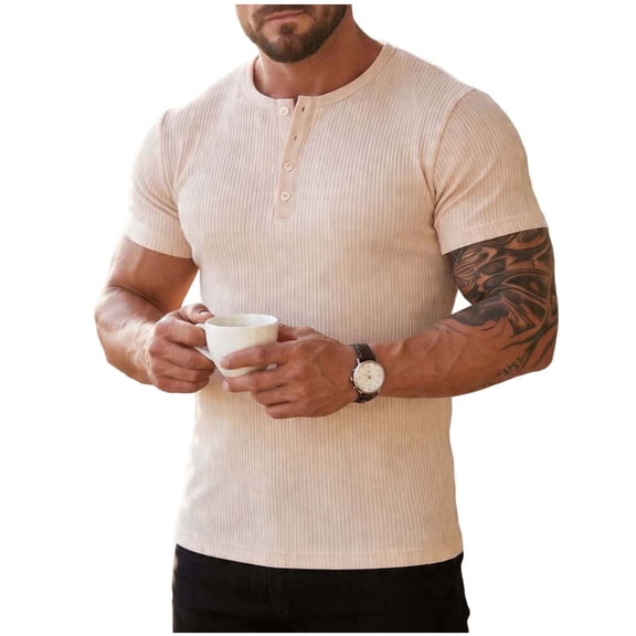 Cmfcve Ribbed Henley T-Shirt for Men Short Sleeve Slim Fit Muscle Shirt Cotton Casual Button Tops