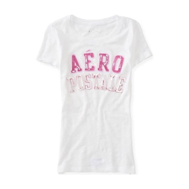 Aeropostale - Playera adornada con logo de lentejuelas para mujer, blanca, extragrande Aeropostale Camiseta adornada
