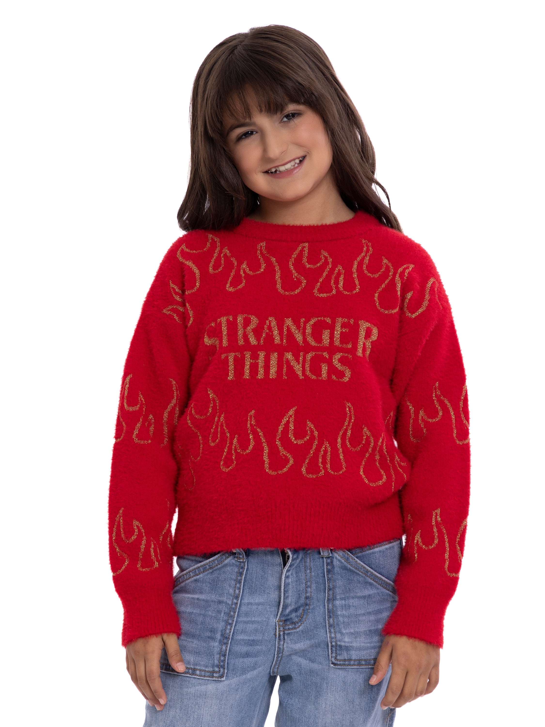 Stranger Things Girls Graphic Eyelash Knit Glitter Sweater, Sizes 4-16