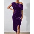 thumbnail image 5 of Women'S Off the Shoulder Asymmetrical Velvet Midi Dress Short Sleeve Ruched Elegant Party Dresses Purple XL, 5 of 8