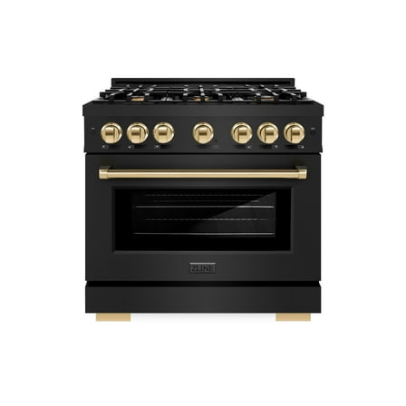 ZLINE Autograph Edition 36 in. 5.2 cu. ft. Dual Fuel Range with 6 Burner Gas Cooktop and Electric Convection Oven in Black Stainless Steel with Polished Gold Accents (HDRBZ-36-G)