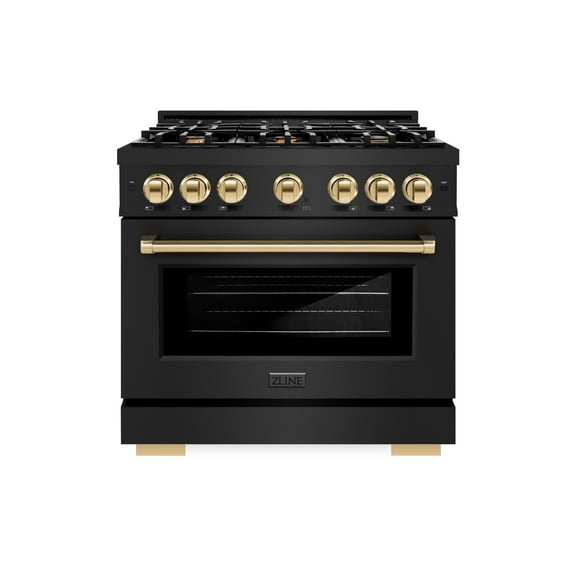 ZLINE Autograph Edition 36 in. 5.2 cu. ft. Dual Fuel Range with 6 Burner Gas Cooktop and Electric Convection Oven in Black Stainless Steel with Polished Gold Accents (HDRBZ-36-G)
