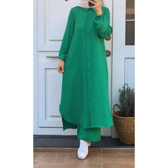 Ensemble Décontracté Deux Pièces pour Femmes Musulmanes, Pantalon à Boutons et Manches Longues - Vert / TTTG