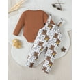 thumbnail image 3 of Kucnuzki Newborn Baby Boys Outfit Set 6-12 Months Winter Clothes Long Sleeves Romper Solid Colot Pullover Top Bears Print Suspender Pants Sets 2pcs Warm Clothing Brown, 3 of 9
