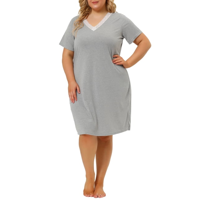 Camisón de encaje de talgrande pamujer, mancorta, cuello en V, pijama, rode dormir, vestido Gris claro 2X