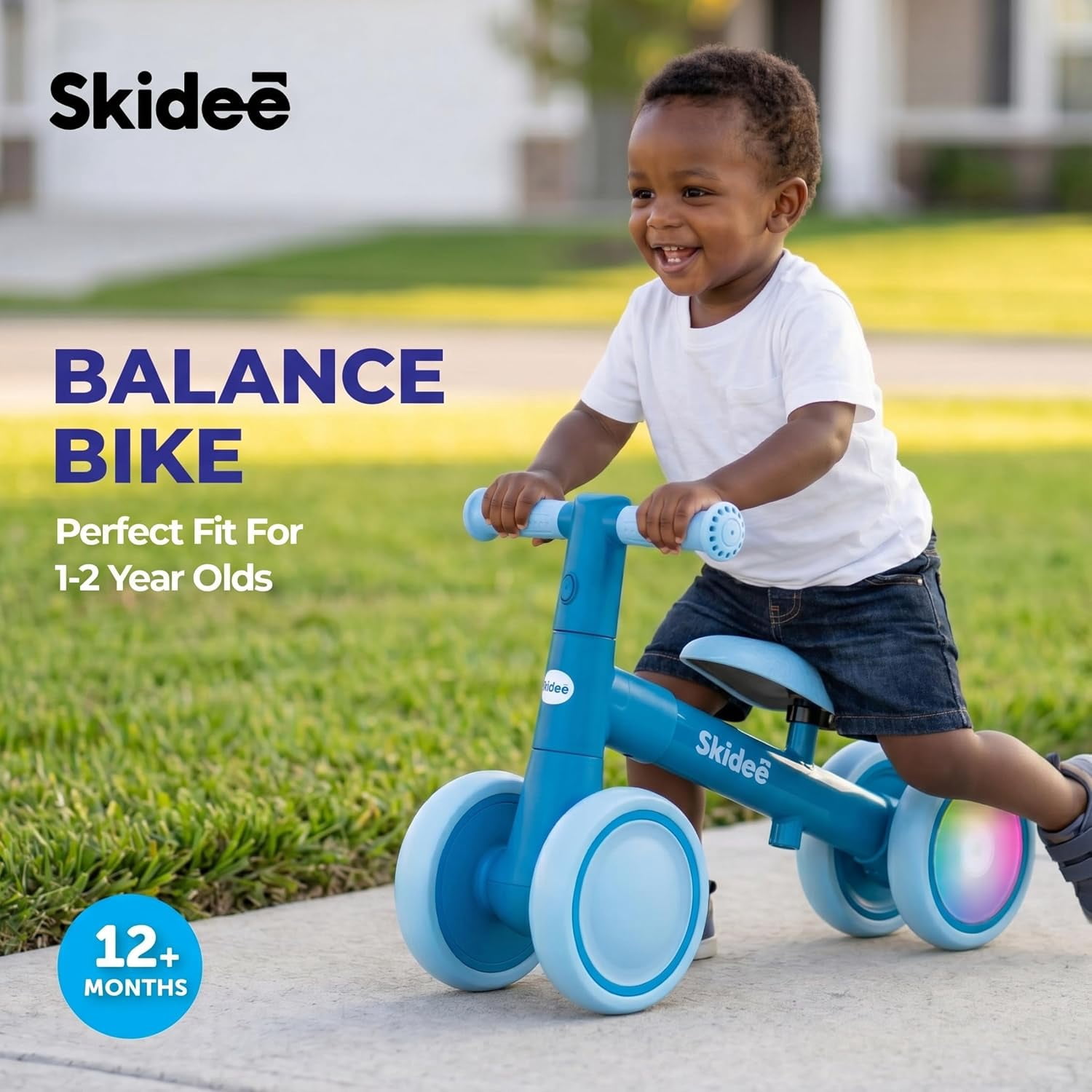 Skidee Toddler Balance Bike 1-3, 4-Wheel Balance Bike with Rare Light-Motion-Activated LED Wheels, Adjustable Height & Child Safe Steering, Lightweight Ride-On Toy Training Bike for Boys & Girls