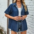 thumbnail image 2 of Kovlvoll Women's Tops Summer Solid Color Casual Lapel Collared Short Sleeved Denim Button down Shirts with Pockets, 2 of 6