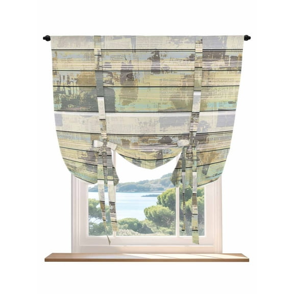 Farmhouse Tie Up Curtains for Windows 45 Inch Length Balloon Curtains Kitchen Adjustable Balloon Window Shade Rustic Green Brown Wood Grain Mottled Tie Up Valance Bathroom Curtain Window 42"x45"