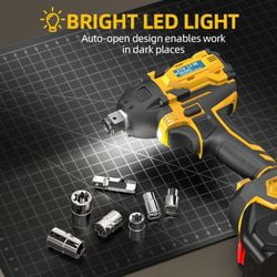 21V Cordless Impact Wrench 1/2 Inch 300Nm Brushless Motor with 2x2.0Ah Batteries, 3 Speed Settings, LED Light, 19 Accessories for Home and Auto, Yellow