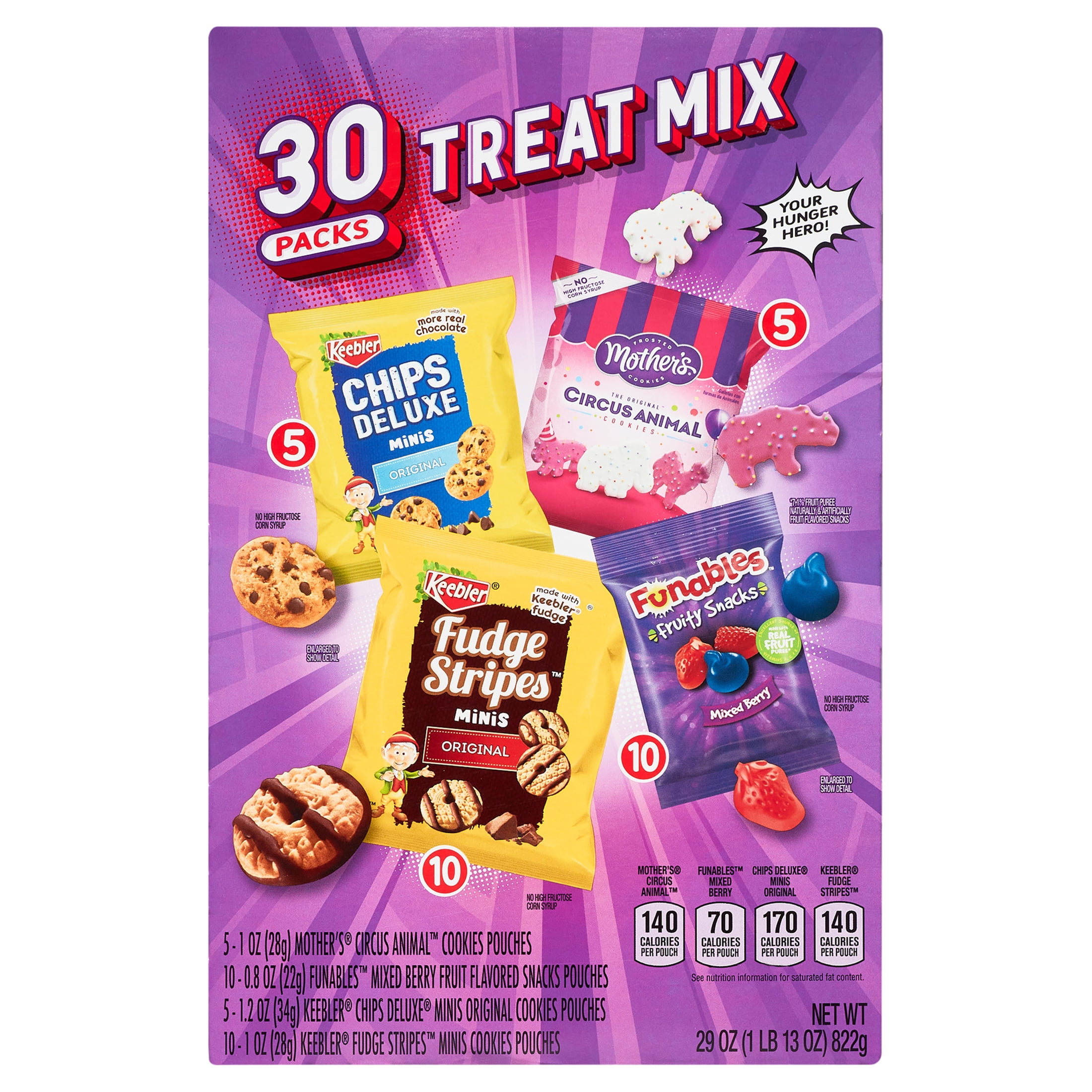 Keebler Sweet Treat Variety Pack, 30-Count Box, Includes Chips Deluxe, Funables, Fudge Stripes, and Mother's Circus Animal Cookies, 29 oz