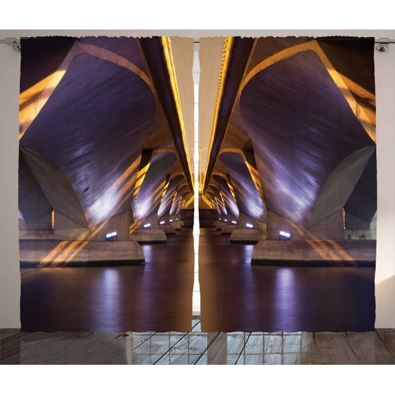 Ambesonne Vintage Curtains 2 Panel Set, City View, 108" x 84", Purple and Yellow