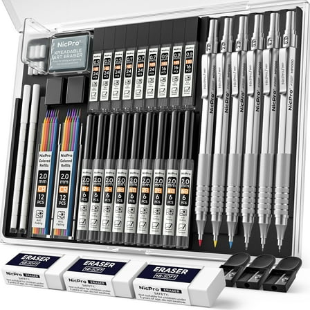 Nicpro 6 Pcs Metal Mechanical Pencils Set, Art Drafting Pencil 0.5, 0.7, 0.9 mm & 3Pcs 2mm Graphite Lead Refills, Eraser, Sharpener, Come with Case